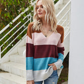 Sexy Open Back Loose Knitted Sweater Striped Contrast Color V-neck Pullover Sweater Sai Feel